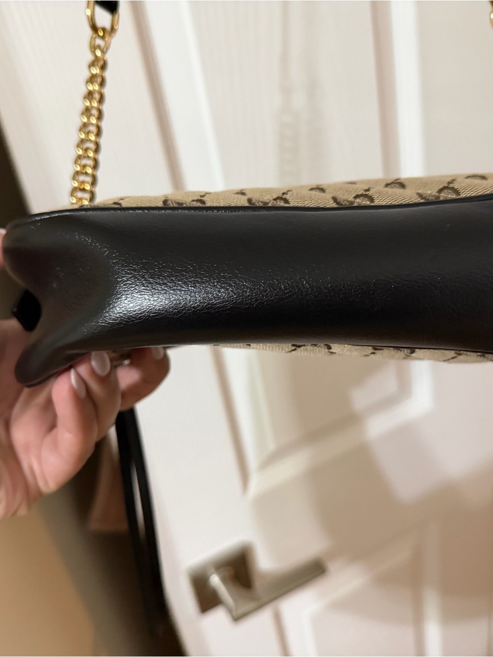 Gucci Beige GG Canvas Crossbody with Black Trim and Gold Double G - Picture 6 of 9